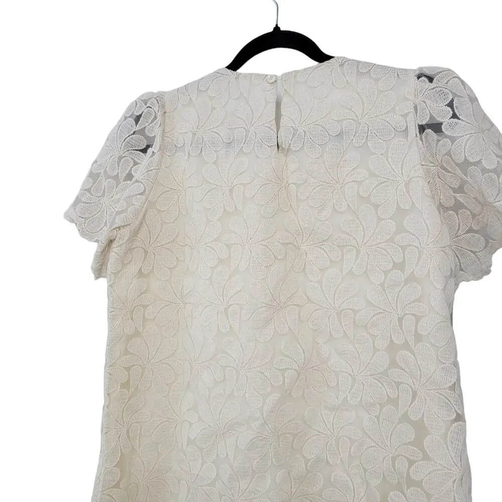 TheOpen Product Ivory Floral Applique Short Sleeve Shift Dress Women Sz S/M - Picture 6 of 7